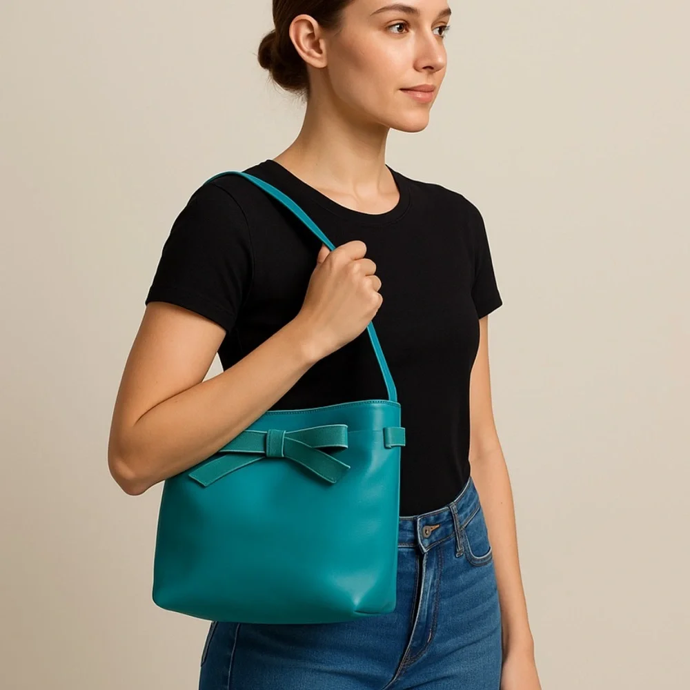 Vintage Furla Turquoise Blue Leather Suede Bow Shoulder Bag Quiet Luxury Fun